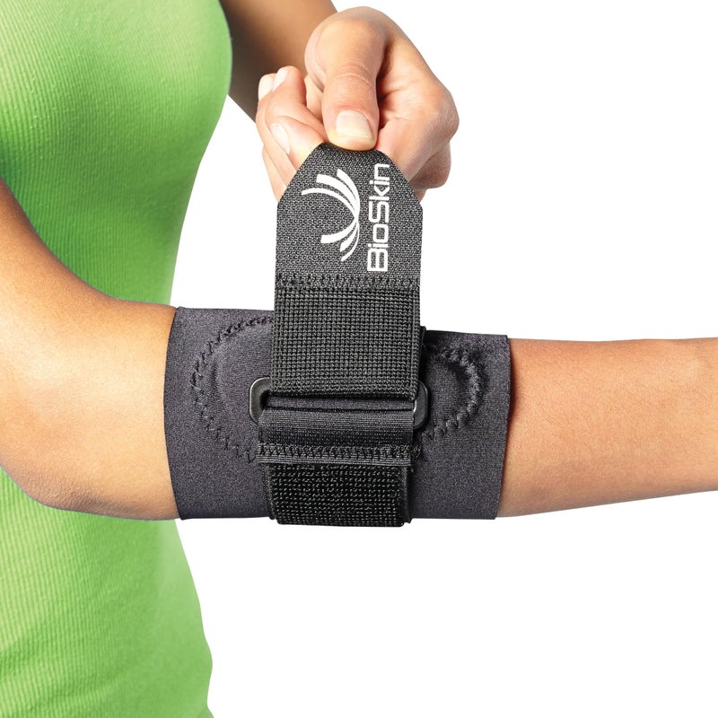 BioSkin Hypoallergenic Elbow Band with Compression Pad and Supportive Strap for Pain Relief from Tennis Elbow and Golfers Elbow Large